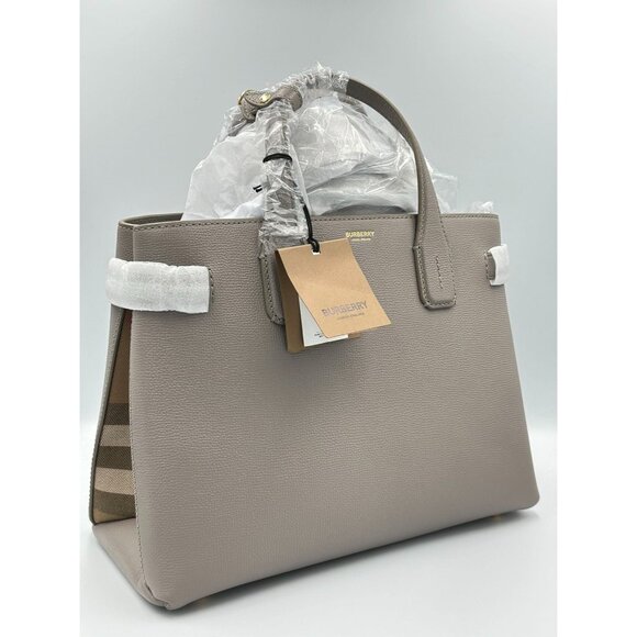 Burberry Medium Banner House Check Derby Leather Tote Shoulder Bag Taupe… - Picture 3 of 16